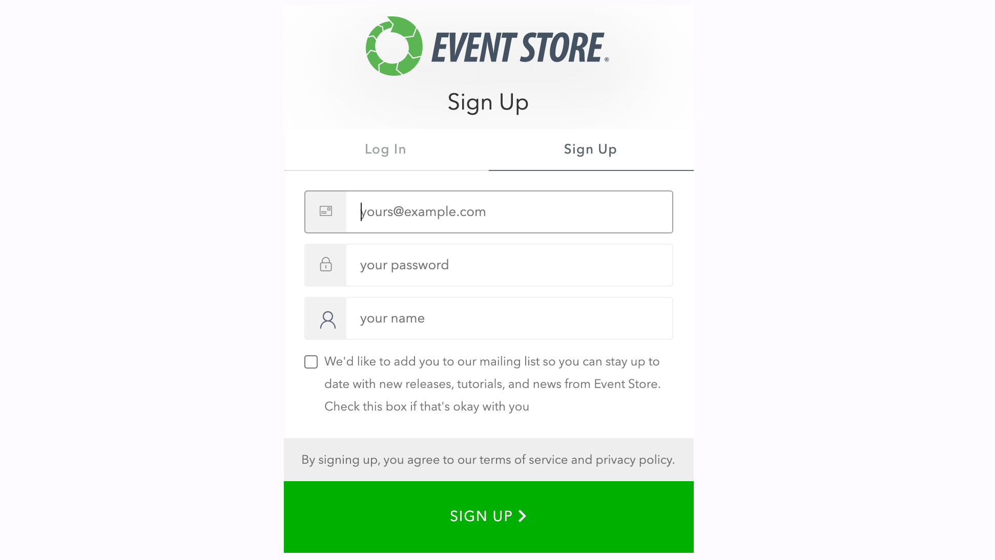 Sign up screen